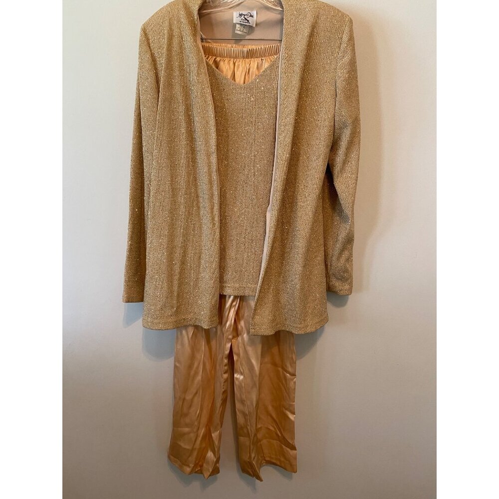 Vintage Jeffrey & Dara 3pc Pant Suit Gold Glitter Jacket Pants & Top Size 12